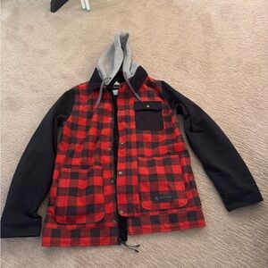 Burton Men’s Snowboarding Red and Black Checkered Jacket with Gray Hood